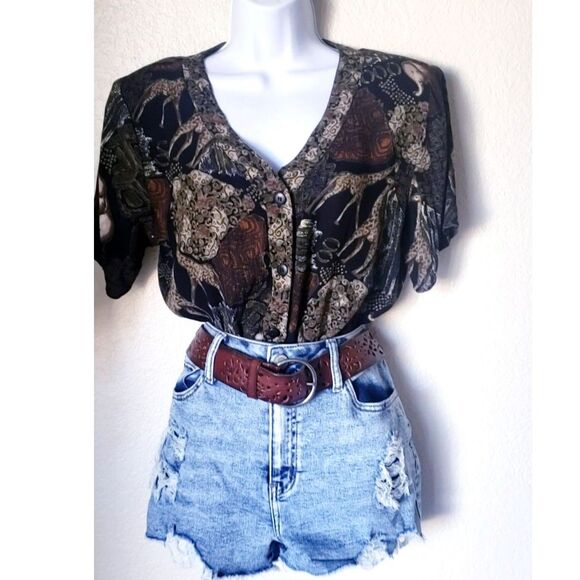 80s Vintage Safari Animal Print Button-Up Blouse - Picture 1 of 5